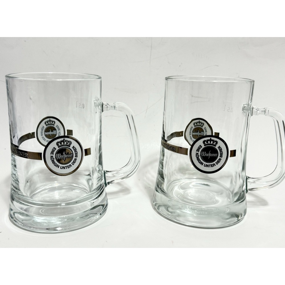 Warsteiner Beer Mug Set 2 Glass Steins 0.5L German Beer Glasses Gold Band Logo